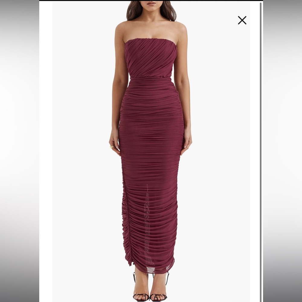 HOUSE OF CB Gradient Color Strapless Ruched Mesh Gown